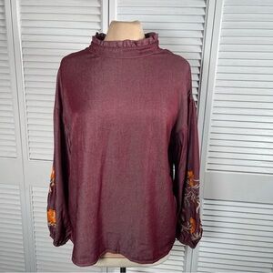 Rusttydustty‎ Boho Embroidered Wine Top Ruffle Neck Long Sleeve Size M